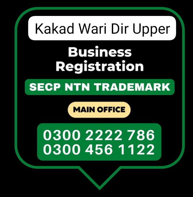 Business Registration, Tax Advisor, Pak Advisor, Company Registration, Chinese and Foreigners, Form, Filling, NTN Registration, PSEB, GST/STRN Sales Tax Registration, PSW Pakistan Single Window Registration, Chamber, FBR, SECP, TradeMark Registration, Import Export Registration Licence in Kakad Wari Dir Upper Pakistan.